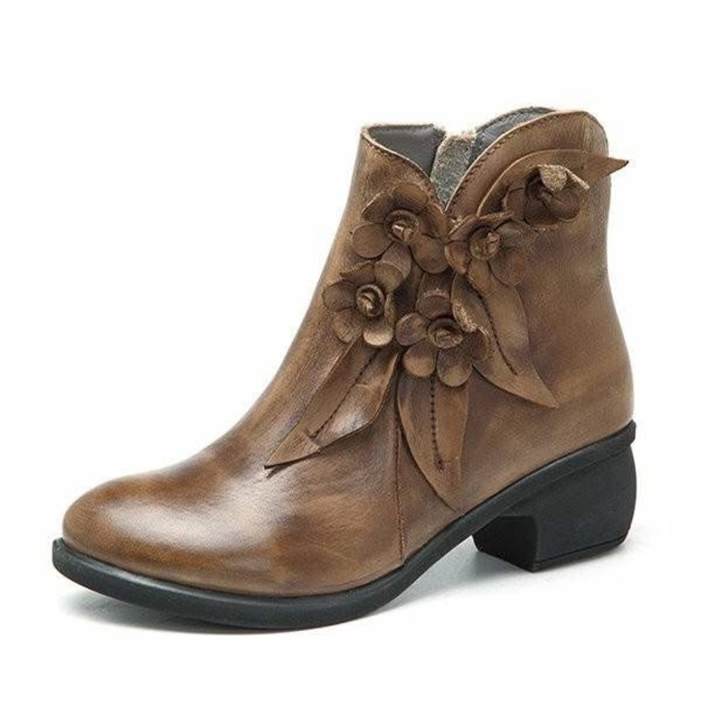 Socofy Ankle Boots Booties Floral Applique Womens Sz 37/7 Taupe Side Zip